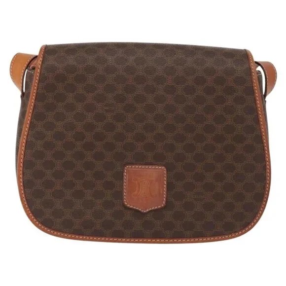 Authentic CELINE Macadam Canvas Shoulder Bag PVC Leather Brown Gold - Picture 5 of 16